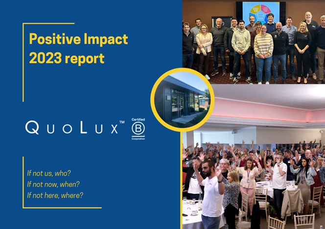 Front cover of QuoLux Positive Impact 2023 report